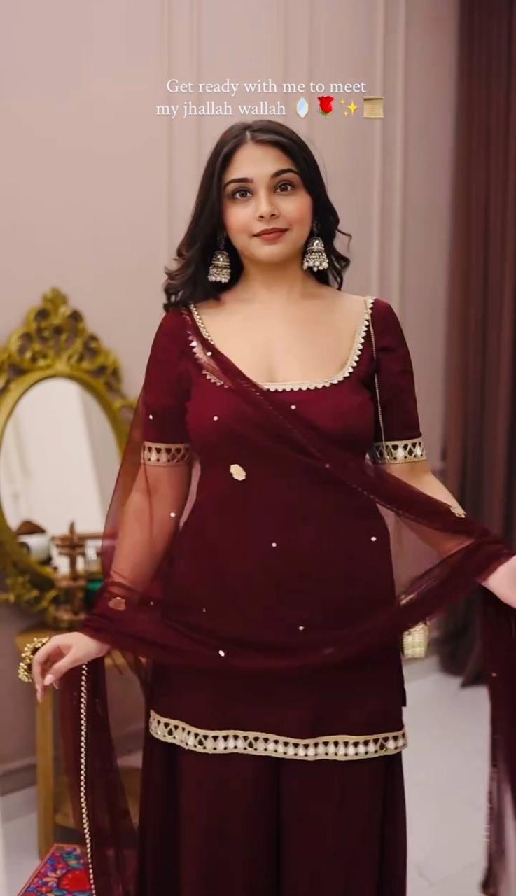 Maroon Georgette Palazzo Suit closeview For Women