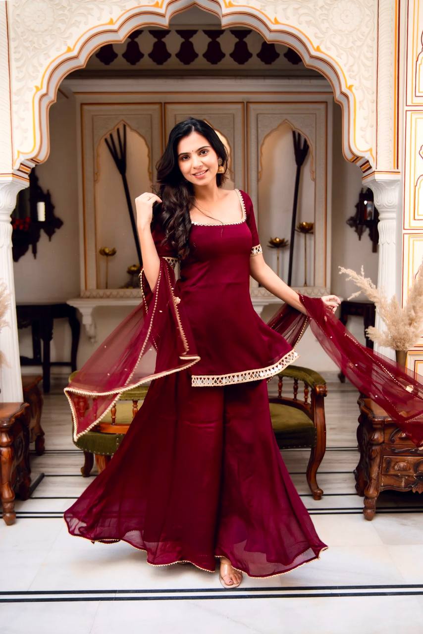 Maroon Georgette Palazzo Suit frontview For Women