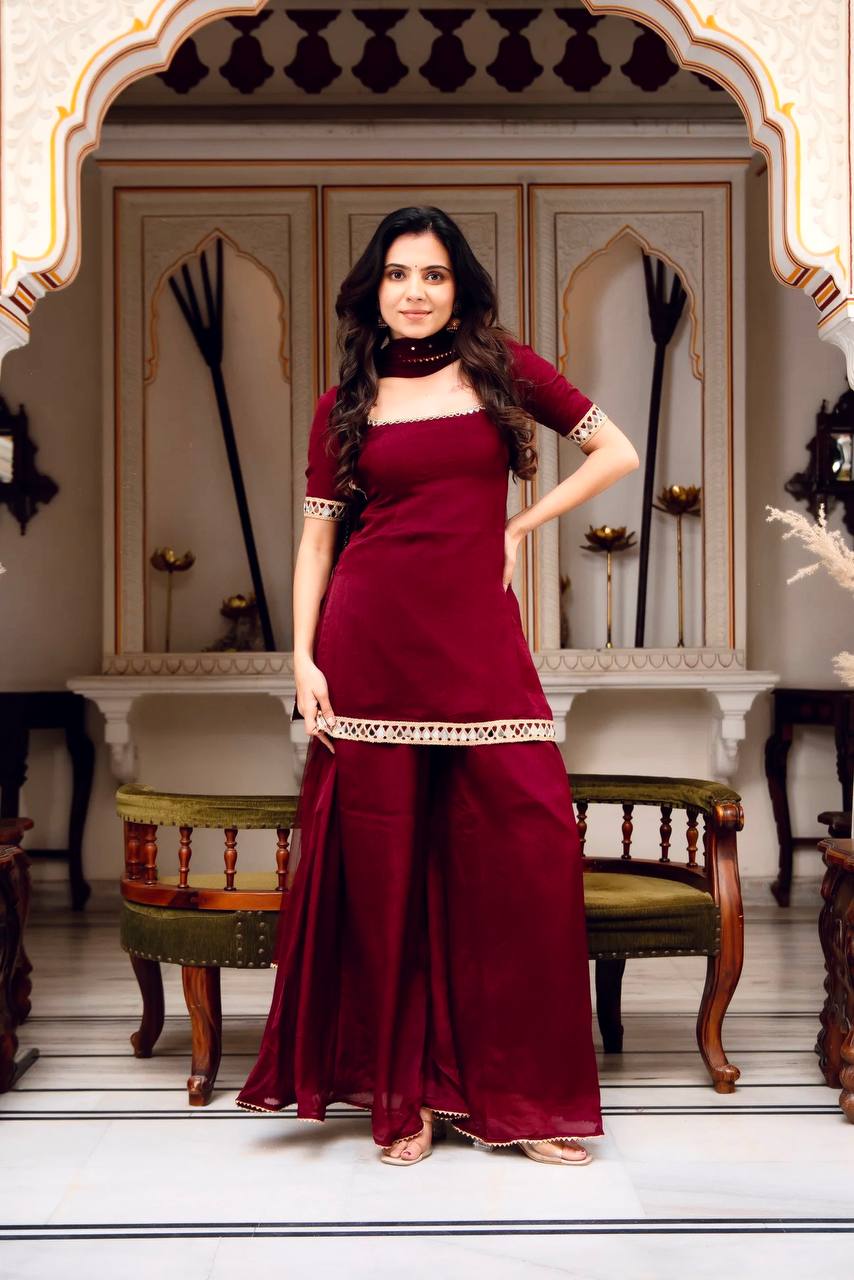 Maroon Georgette Palazzo Suit For Women | Party Wear 