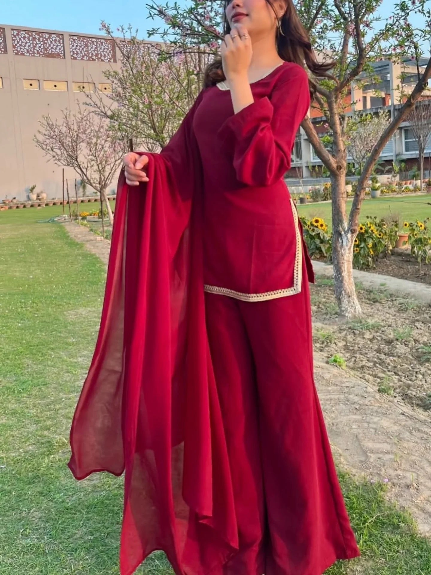 Maroon Georgette Sharara Suit closeview For Women