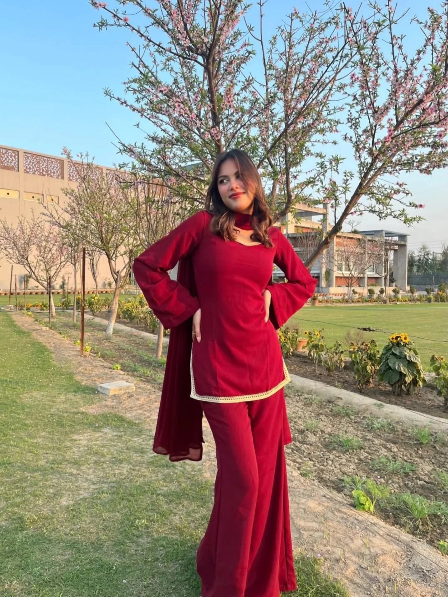 Maroon Georgette Sharara Suit frontview For Women