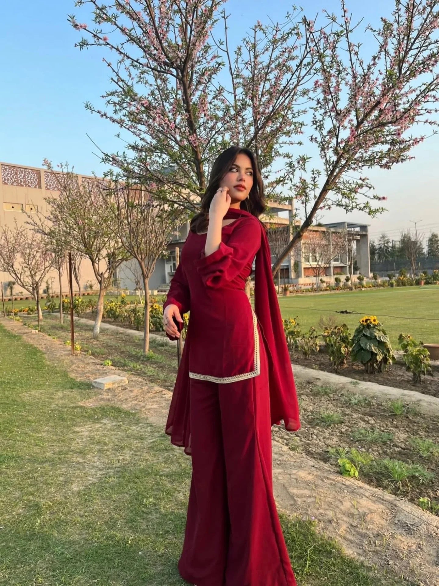 Maroon Georgette Sharara Suit rightview For Women