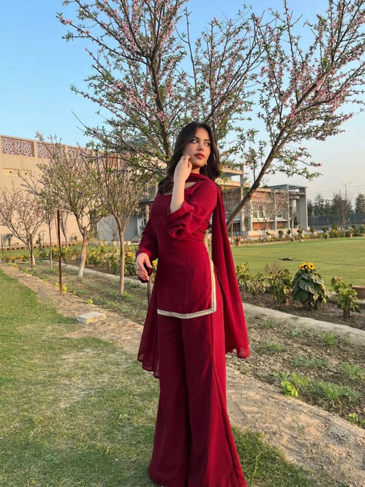 Maroon Georgette Sharara Suit rightview For Women