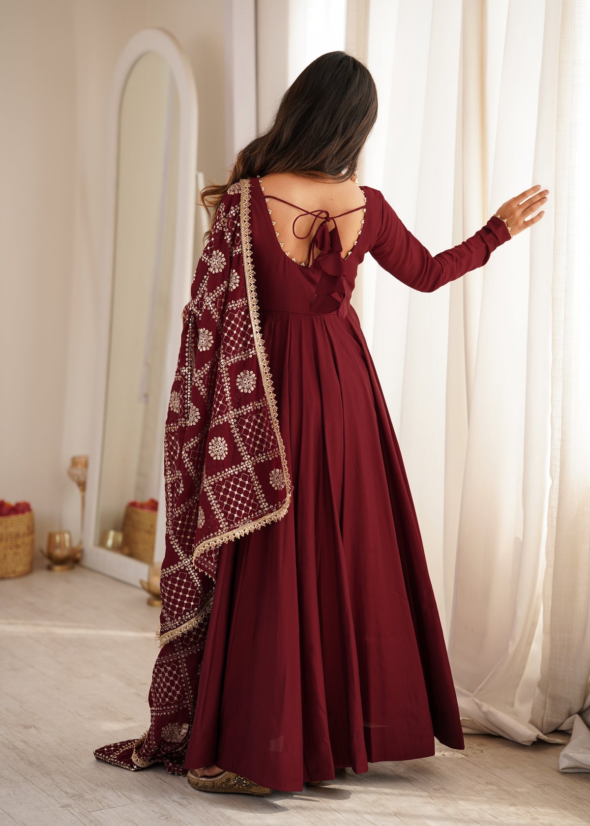 Elegant Maroon Roman Silk Chanderi Anarkali Suit backview For Women 
