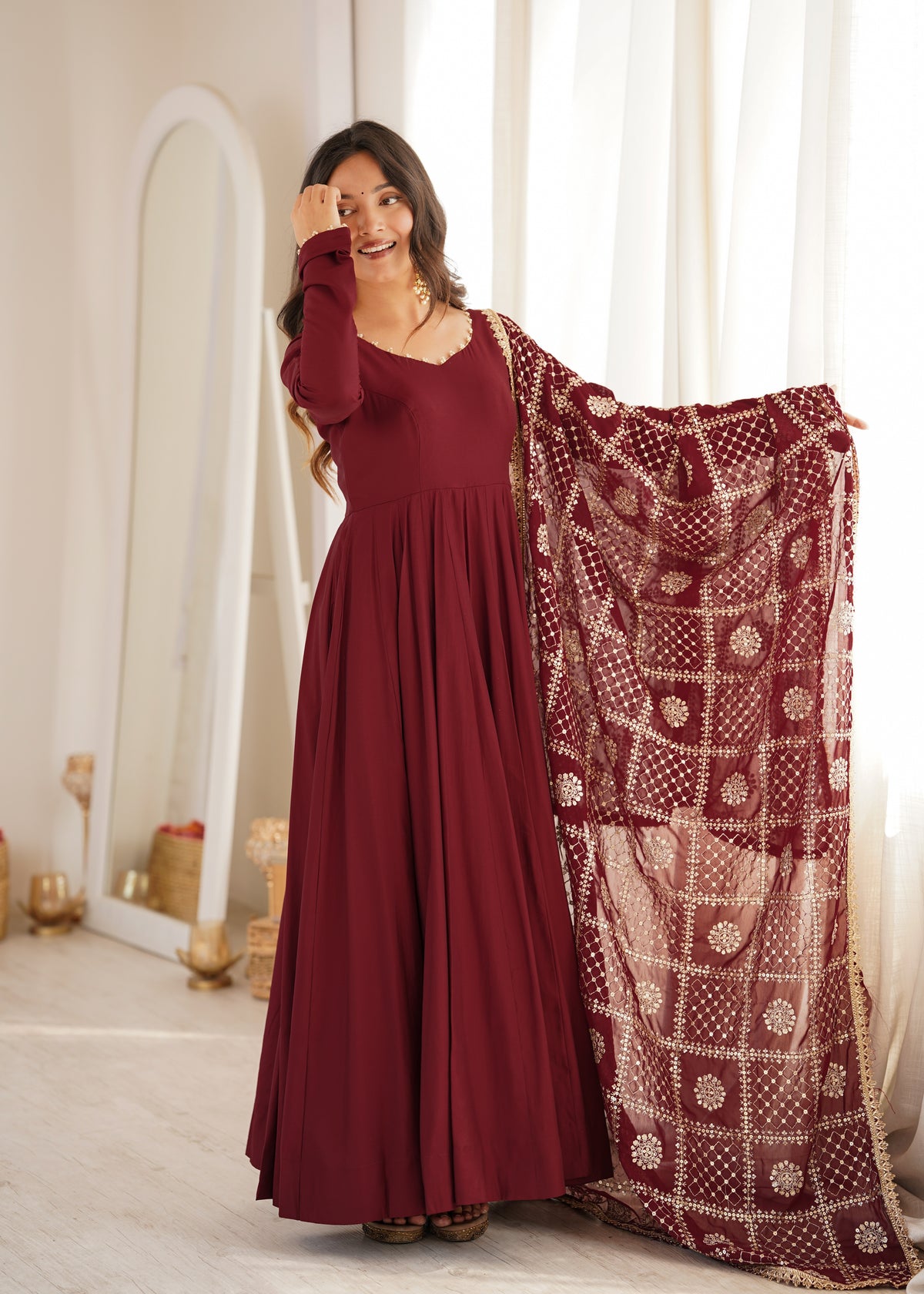 Elegant Maroon Roman Silk Chanderi Anarkali Suit closeview For Women 