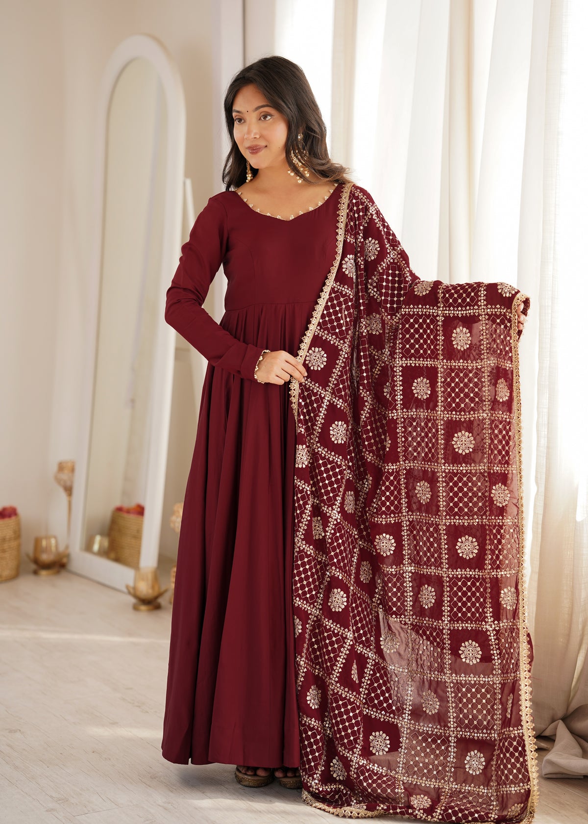 Elegant Maroon Roman Silk Chanderi Anarkali Suit frontview For Women 