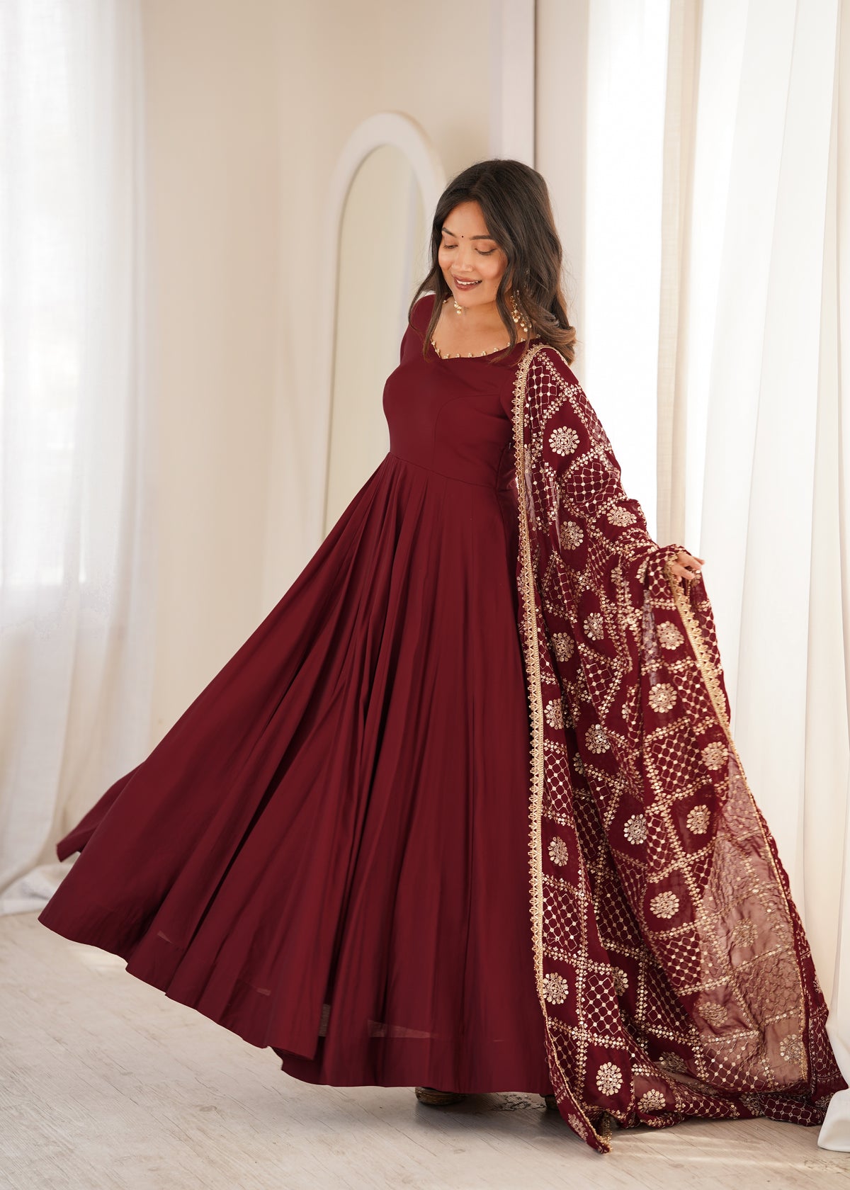 Elegant Maroon Roman Silk Chanderi Anarkali Suit leftview For Women 