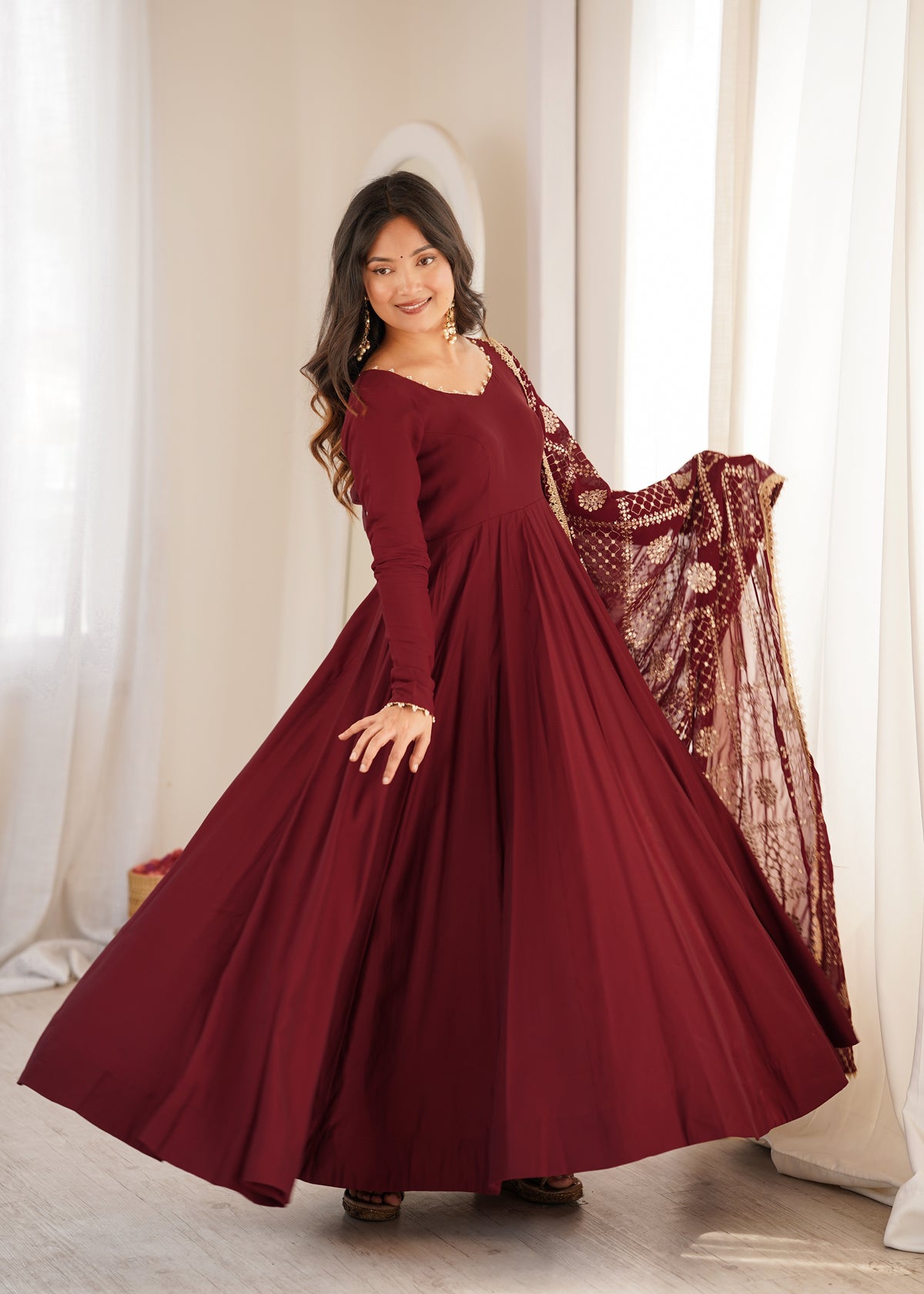 Elegant Maroon Roman Silk Chanderi Anarkali Suit rightview For Women 
