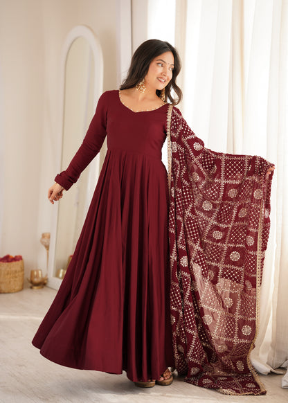 Elegant Maroon Roman Silk Chanderi Anarkali Suit sideview For Women 