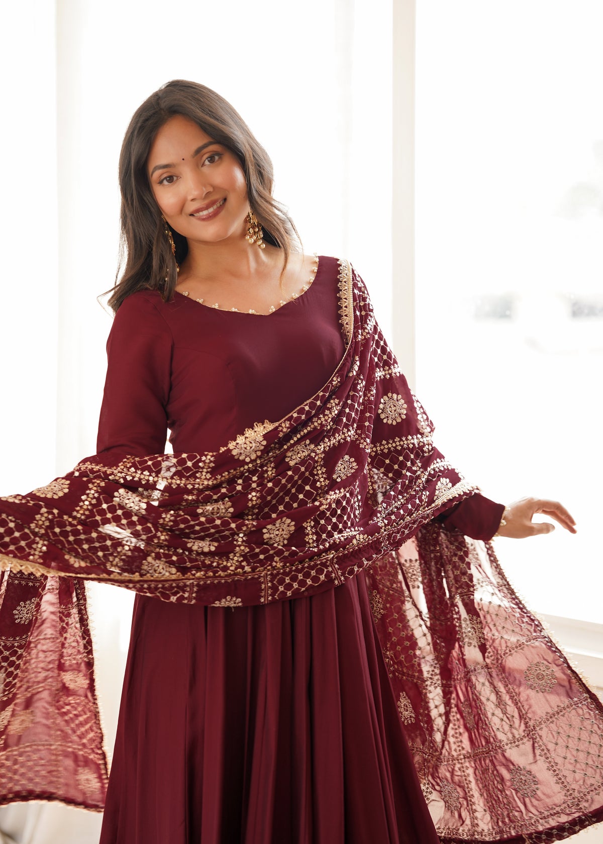 Elegant Maroon Roman Silk Chanderi Anarkali Suit zoomview For Women 