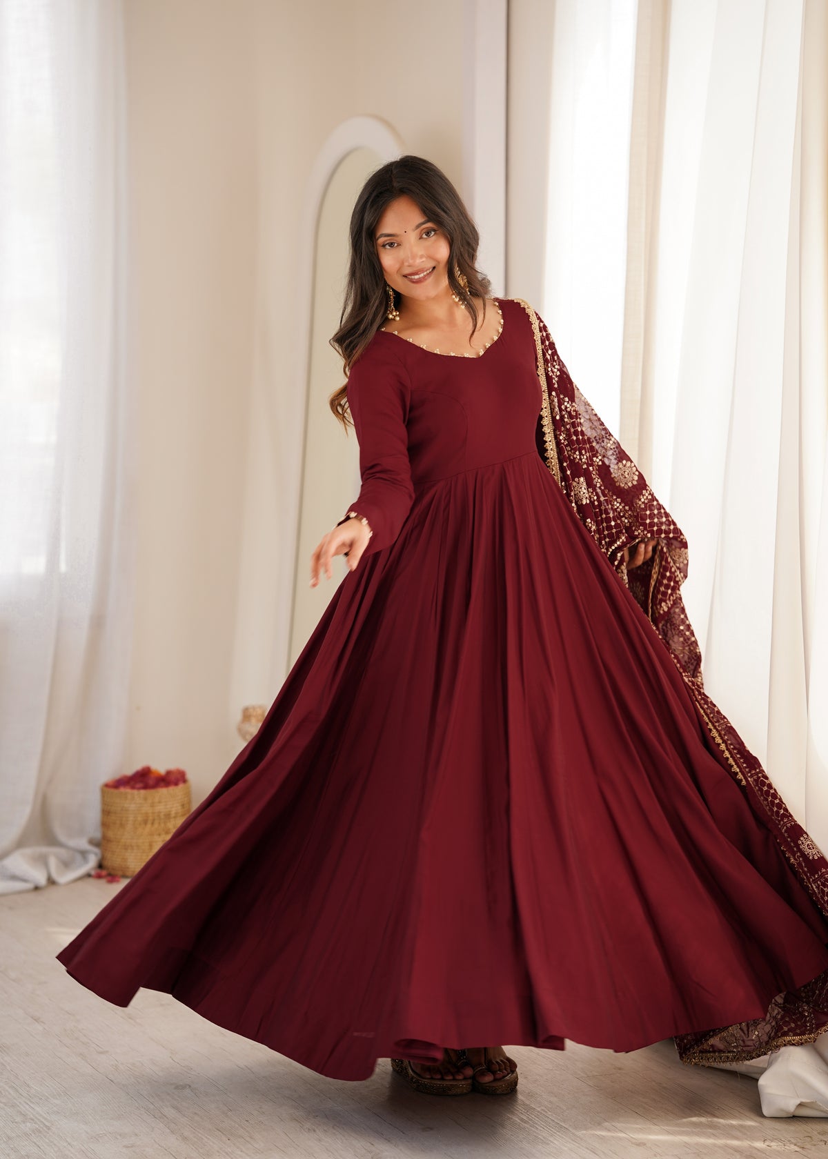 Elegant Maroon Roman Silk Chanderi Anarkali Suit For Women | Wedding Wear & Festive Wear  