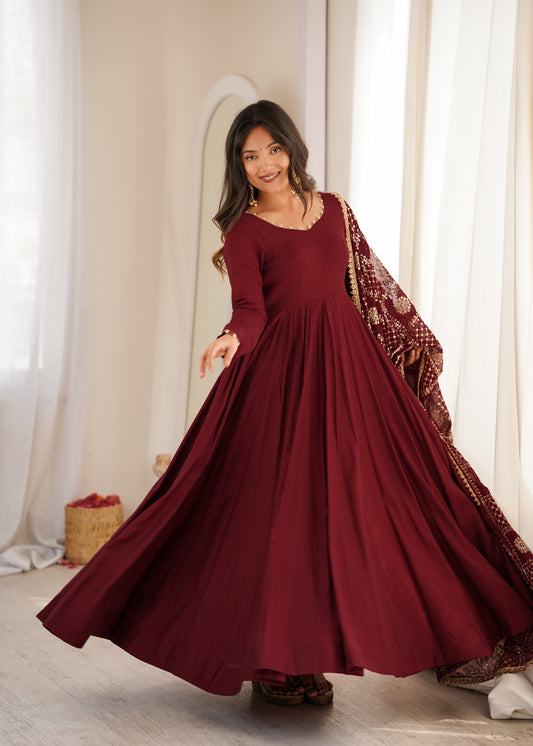 Elegant Maroon Roman Silk Chanderi Anarkali Suit For Women | Wedding Wear & Festive Wear  