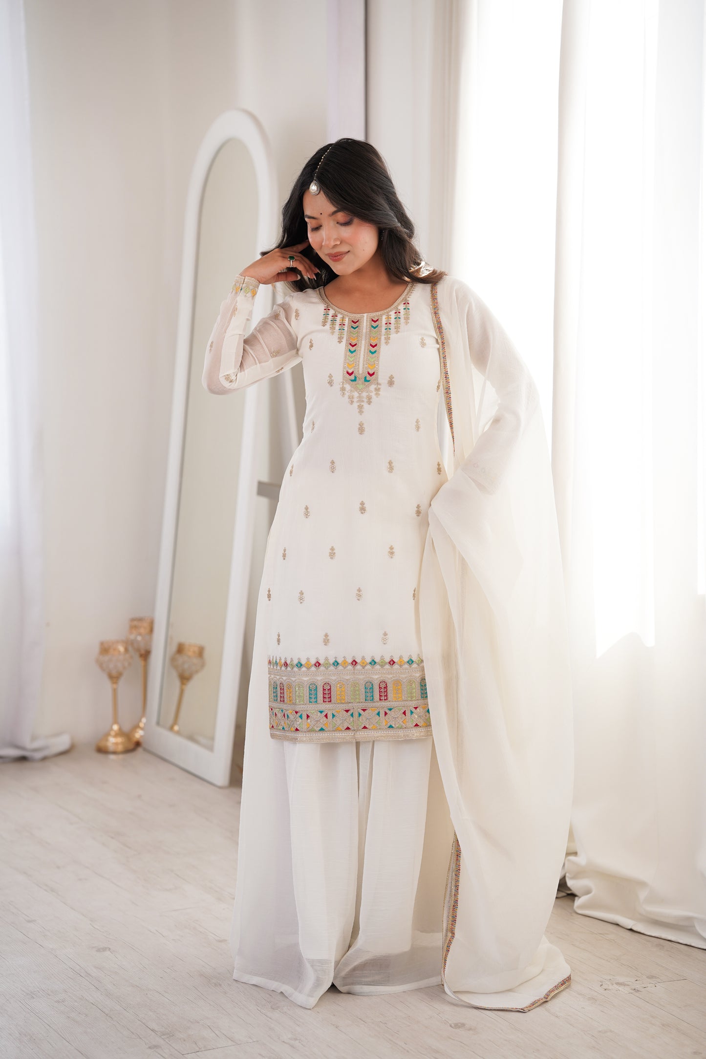 Offwhite Crunchy Silk Sharara Suit frontview For Women 