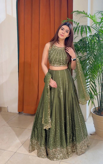 Olive Green Thai Silk Lehenga Choli frontview For Women 