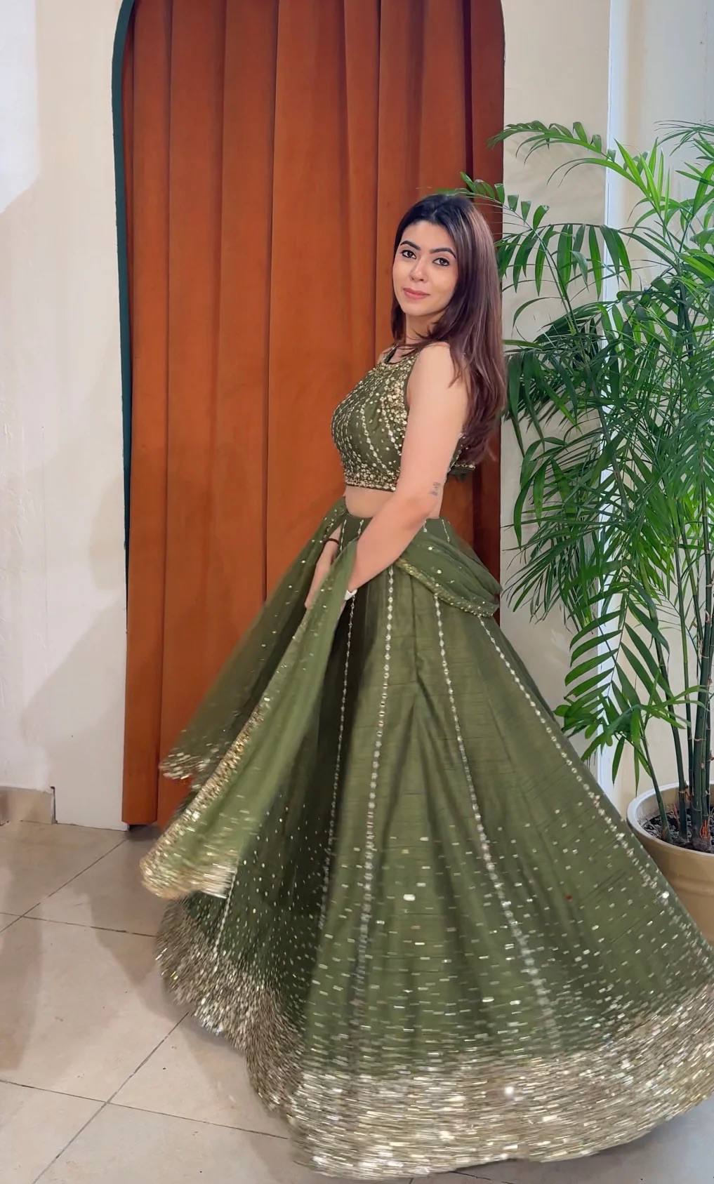 Olive Green Thai Silk Lehenga Choli sideview For Women 