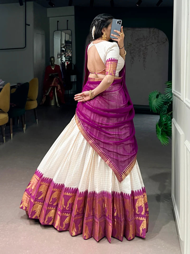 Purple Poly Cotton South Indian Half Saree Lehenga Choli backview For Women 