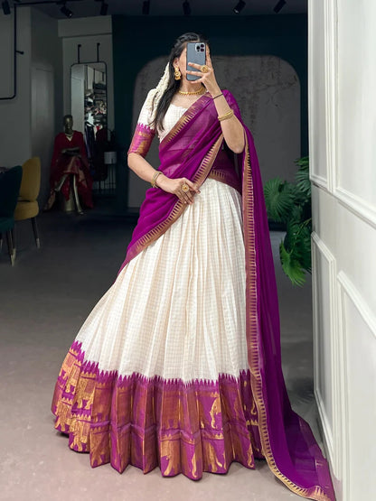 Purple Poly Cotton South Indian Half Saree Lehenga Choli frontview For Women 