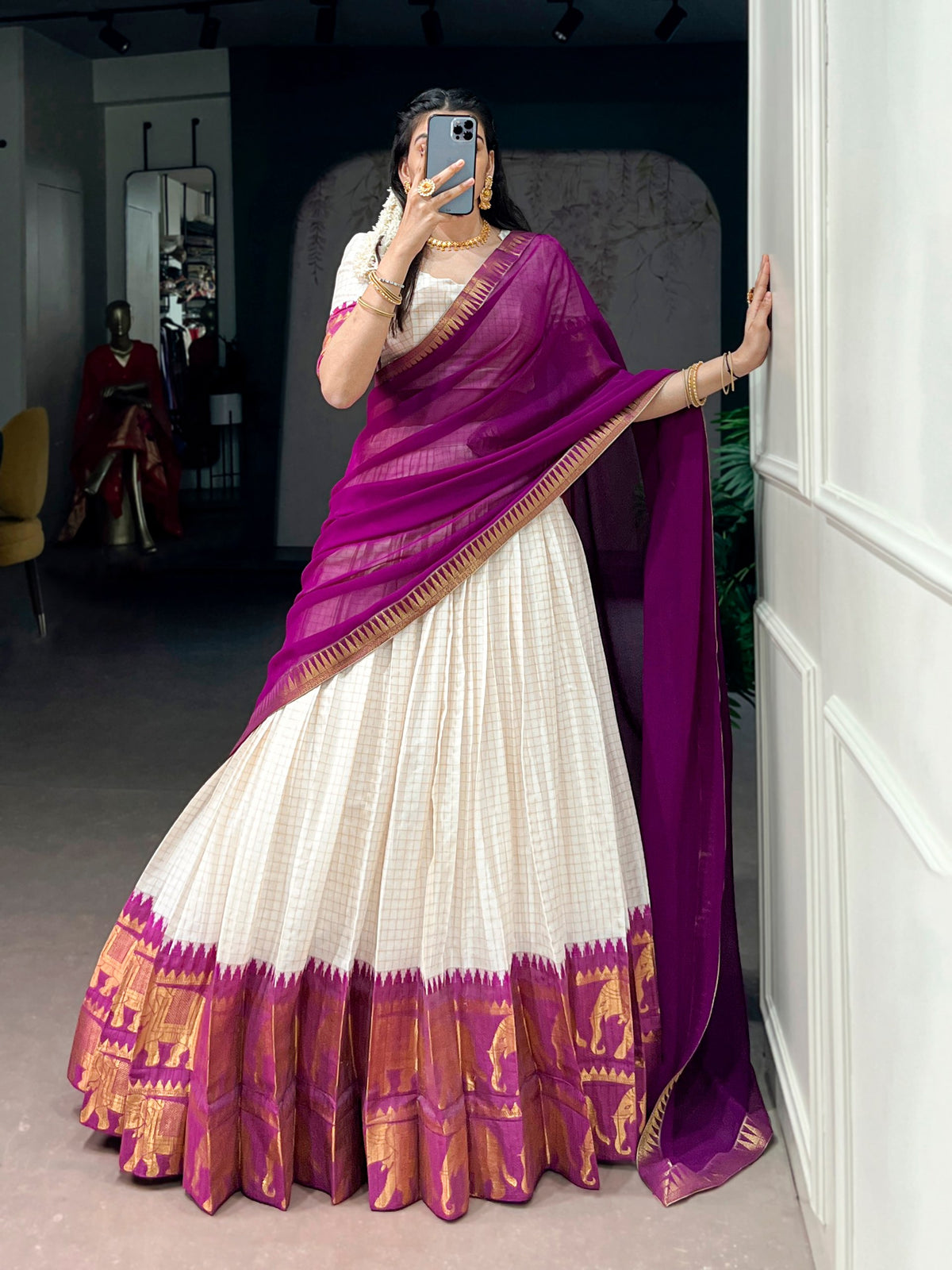 Purple Poly Cotton South Indian Half Saree Lehenga Choli For Women | Festive Wear