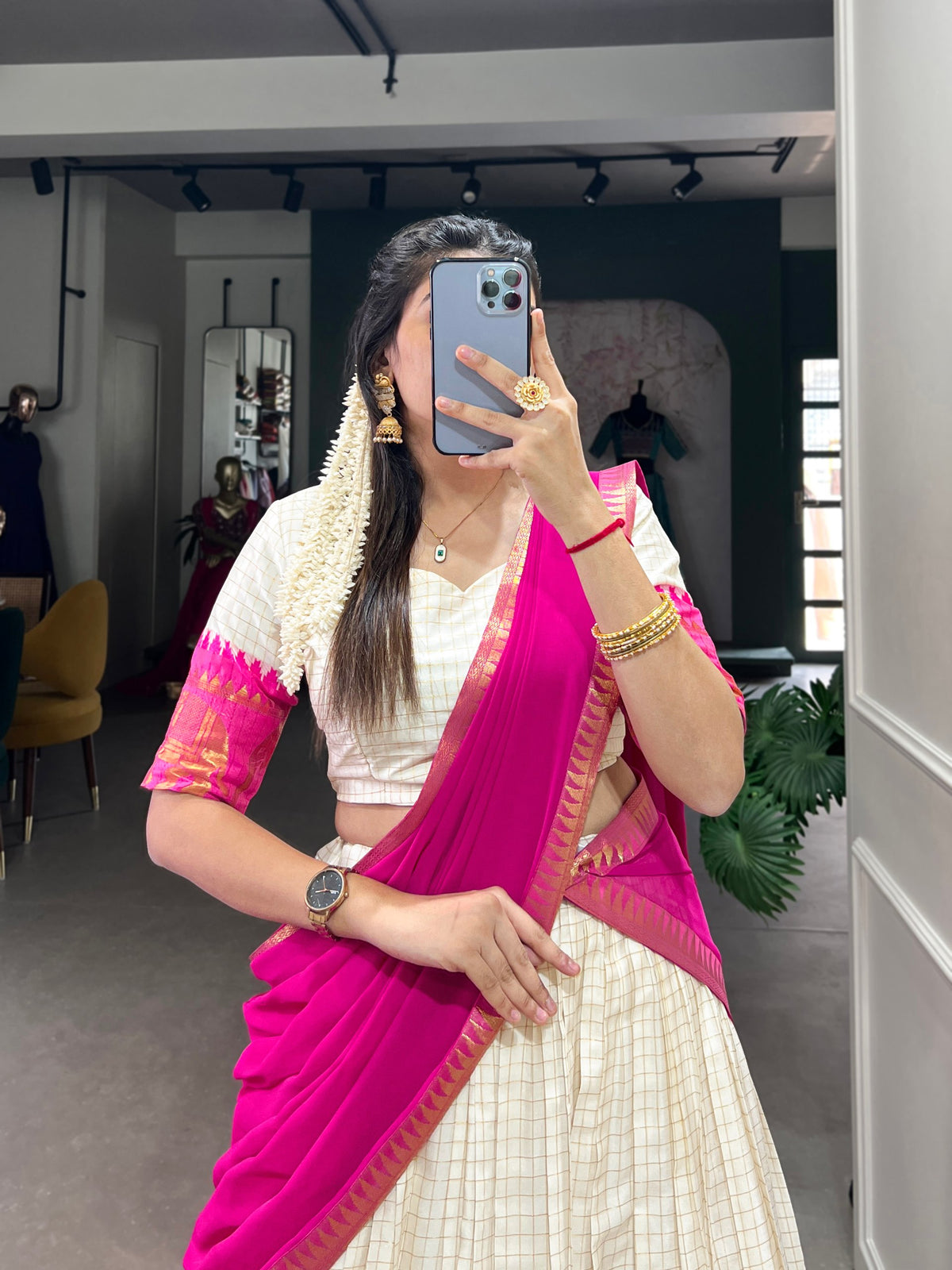 Rani Pink Poly Cotton South Indian Half Saree Lehenga Choli closeview For Women 
