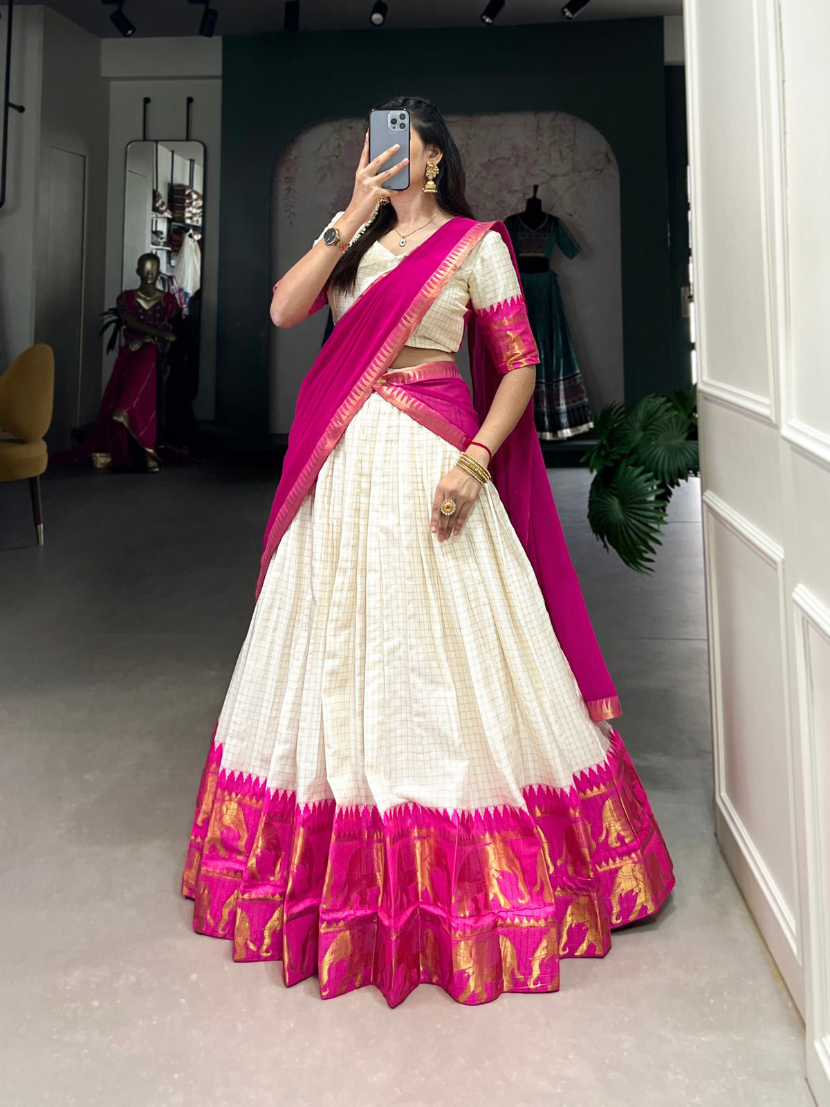 Rani Pink Poly Cotton South Indian Half Saree Lehenga Choli frontview For Women 