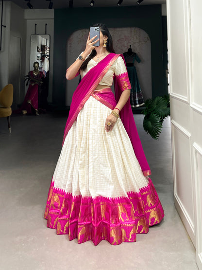 Rani Pink Poly Cotton South Indian Half Saree Lehenga Choli frontview For Women 