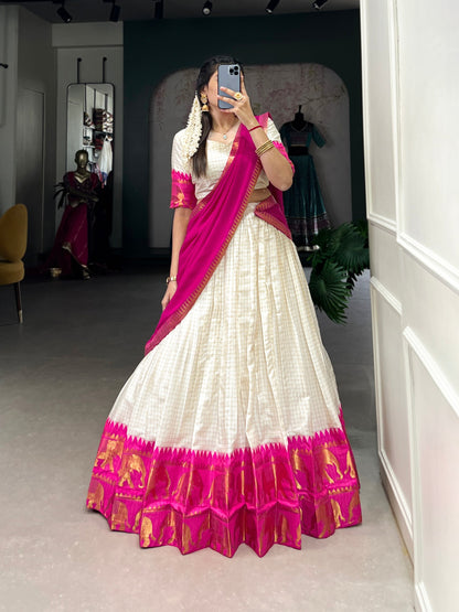 Rani Pink Poly Cotton South Indian Half Saree Lehenga Choli For Women  | Festive Wear
