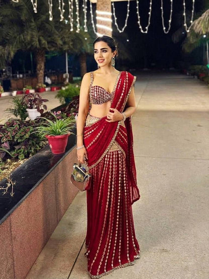 Red Georgette Lehenga Saree For Women | Festive Party Wear