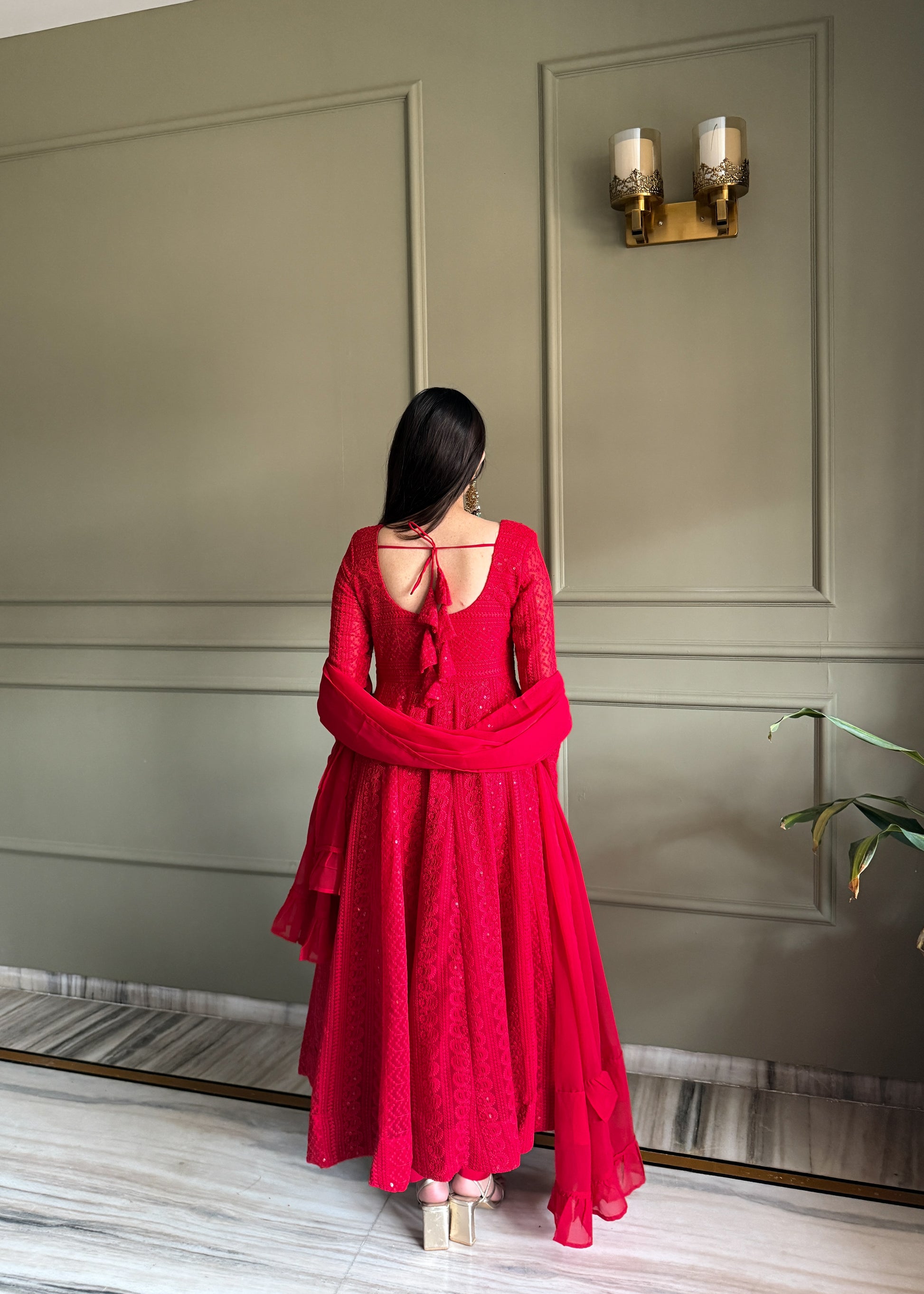 Red Georgette Lucknowi Anarkali Suit Back View For Women 