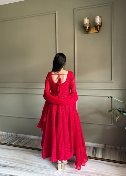 Red Georgette Lucknowi Anarkali Suit Back View For Women 