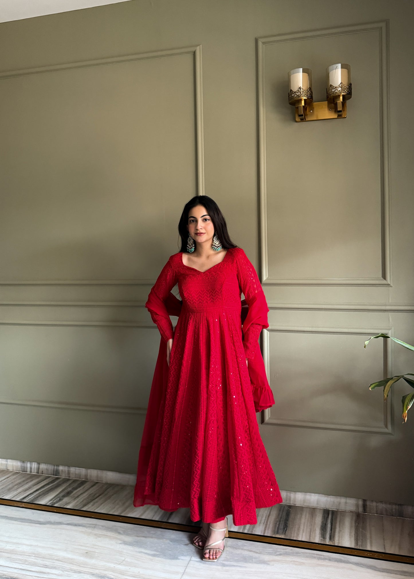 Red Georgette Lucknowi Anarkali Suit Full View For Women 