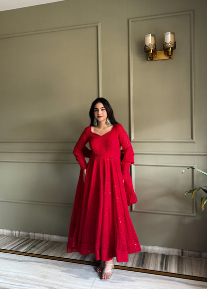 Red Georgette Lucknowi Anarkali Suit Full View For Women 