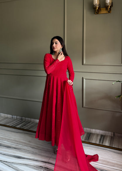 Red Georgette Lucknowi Anarkali Suit Right View For Women 