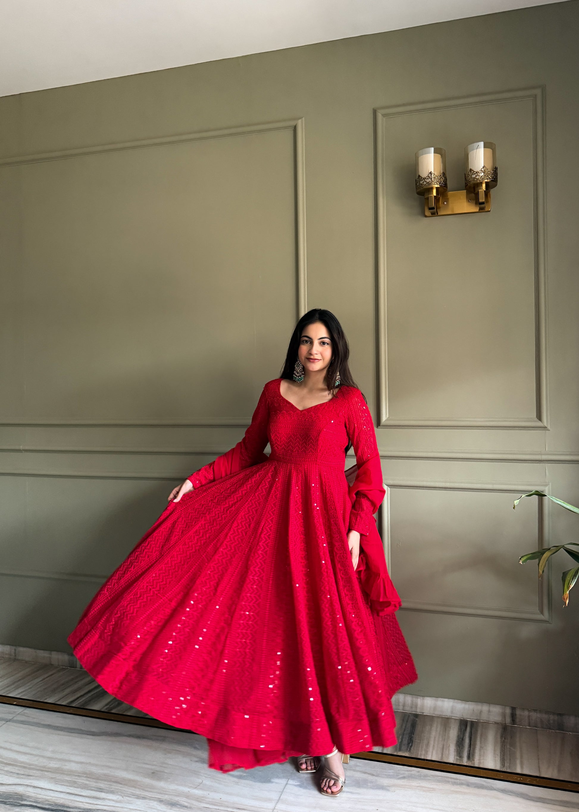 Red Georgette Lucknowi Anarkali Suit Side View For Women 