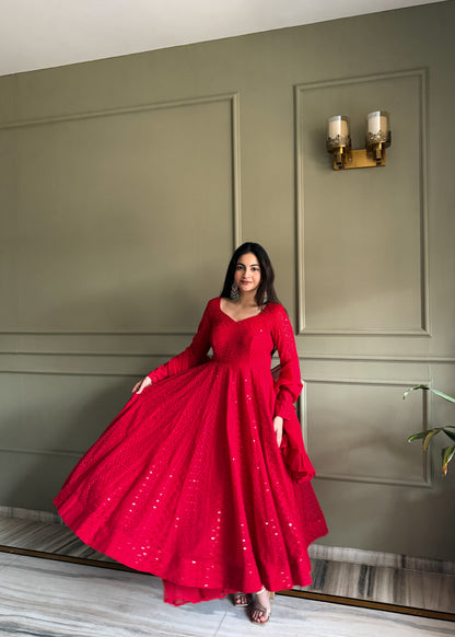 Red Georgette Lucknowi Anarkali Suit Side View For Women 