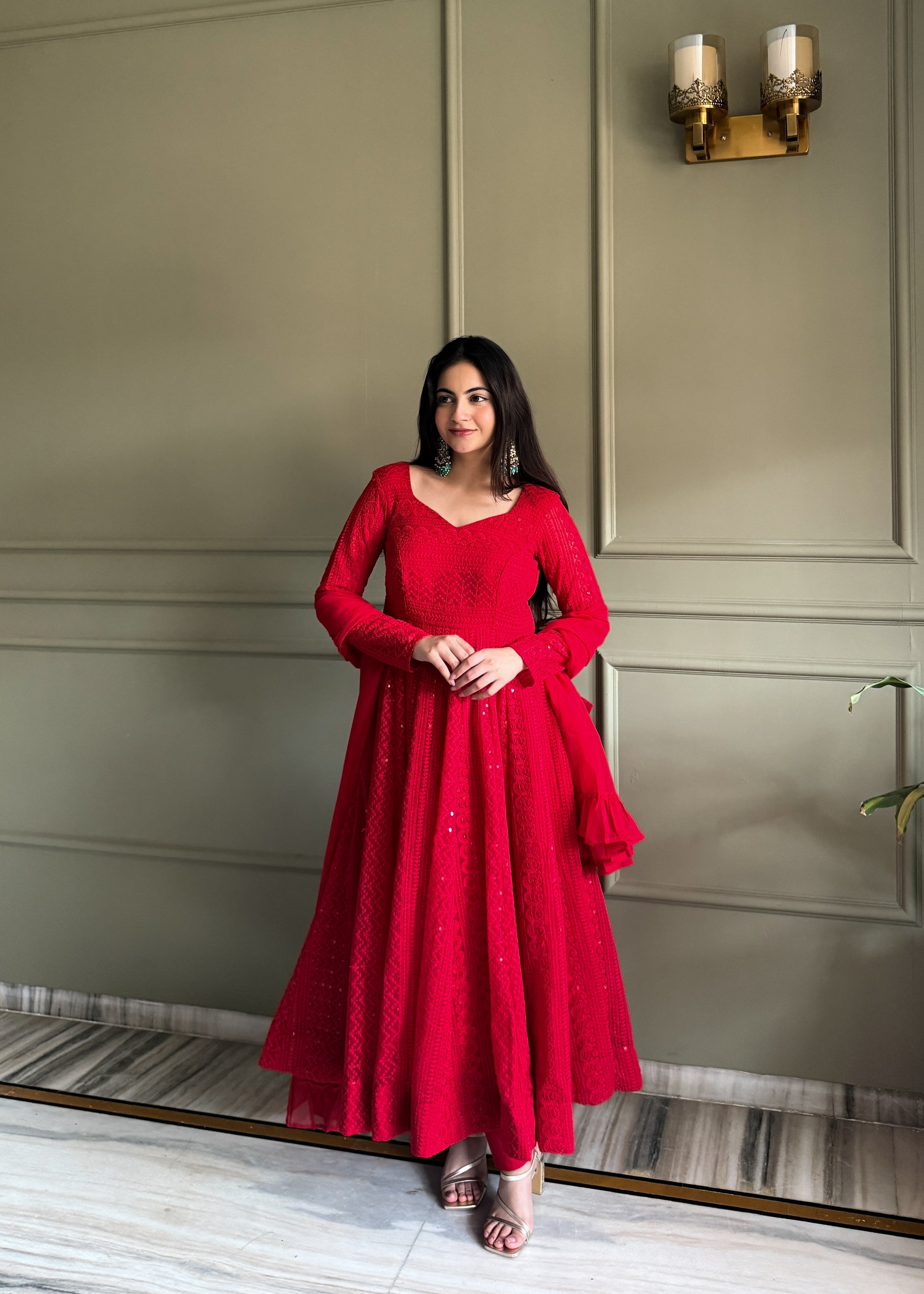 Red Georgette Lucknowi Anarkali Suit For Women Festive Occasions