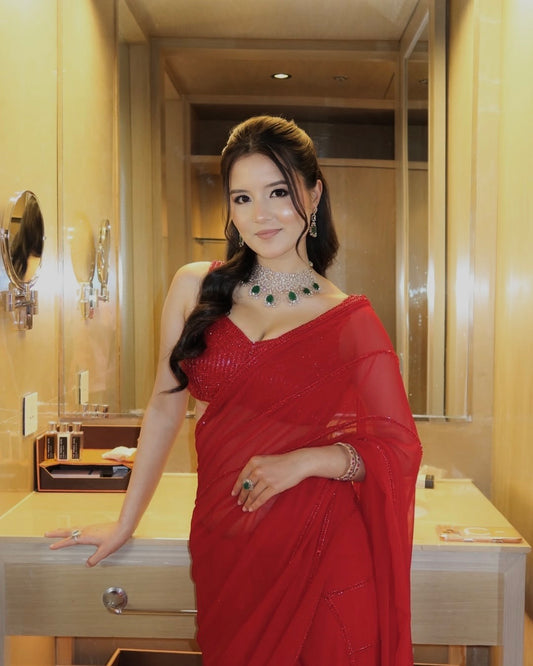 Red Georgette Sequins Saree closeview For Women 