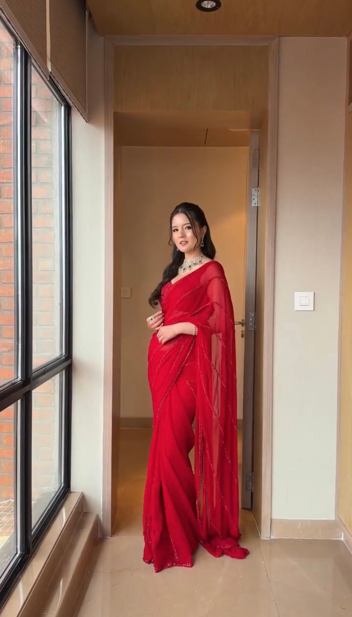 Red Georgette Sequins Saree sideview For Women 