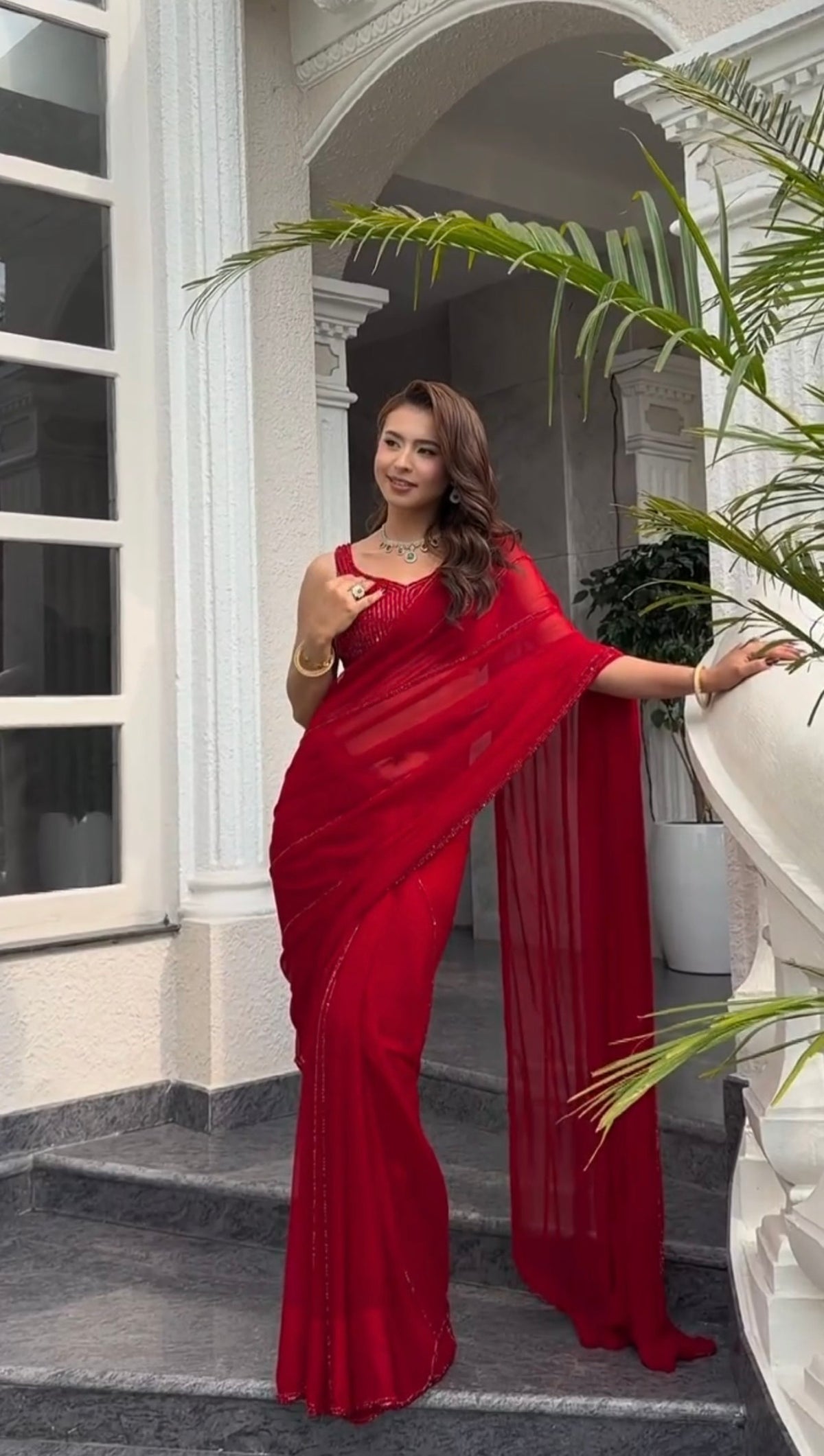 Red Georgette Sequins Saree For Women | Party Wear