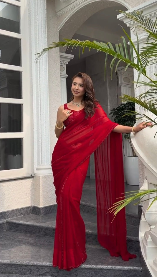 Red Georgette Sequins Saree For Women | Party Wear