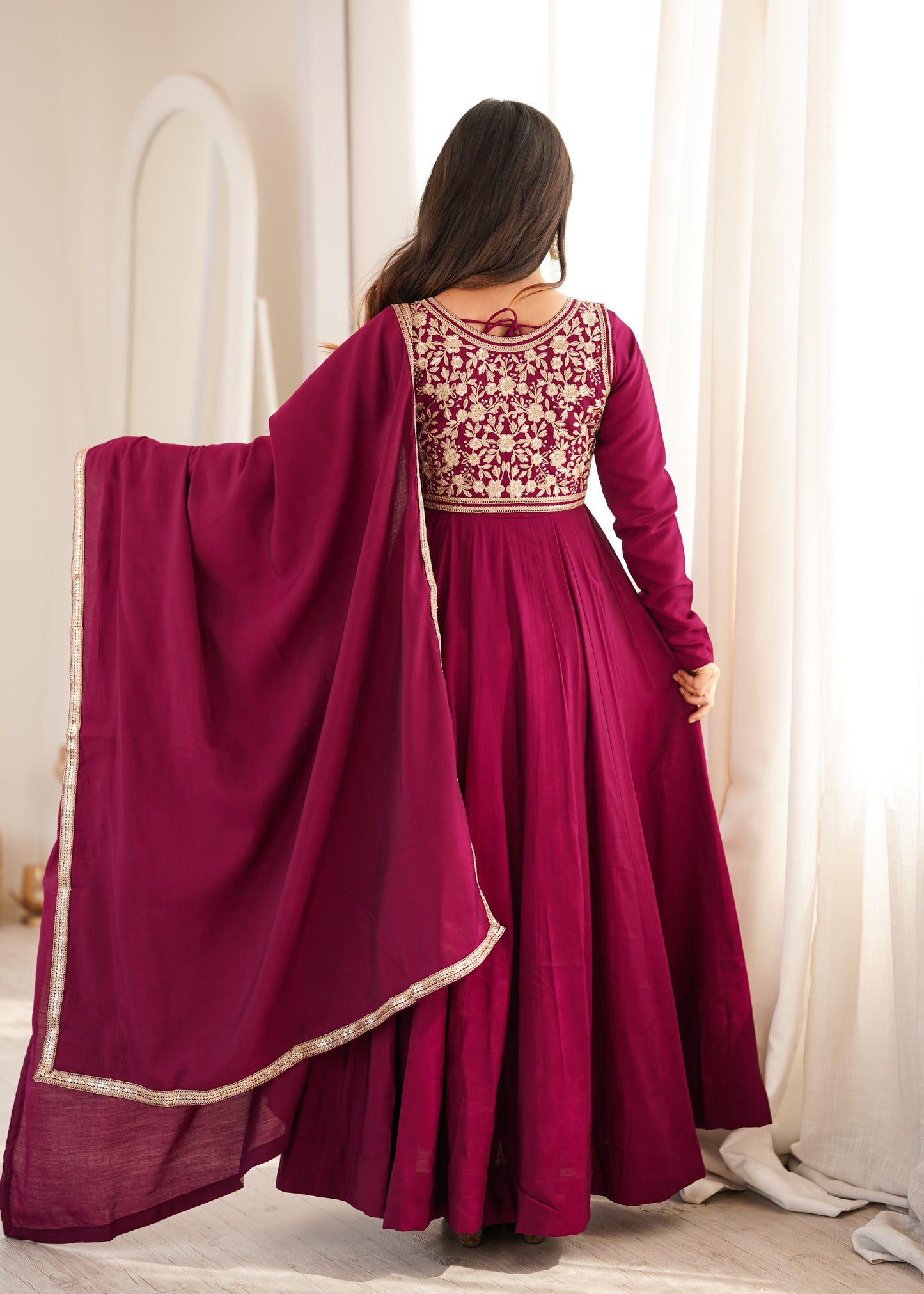 Royal Burgundy Roman Silk Chanderi Anarkali backview For Women