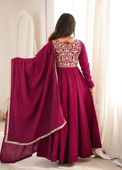 Royal Burgundy Roman Silk Chanderi Anarkali backview For Women