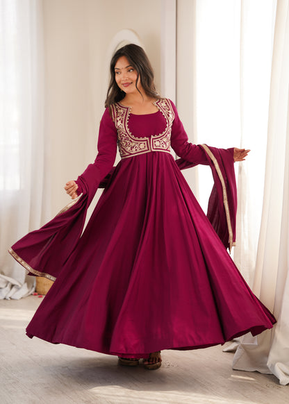 Royal Burgundy Roman Silk Chanderi Anarkali For Women | Festive Wear 