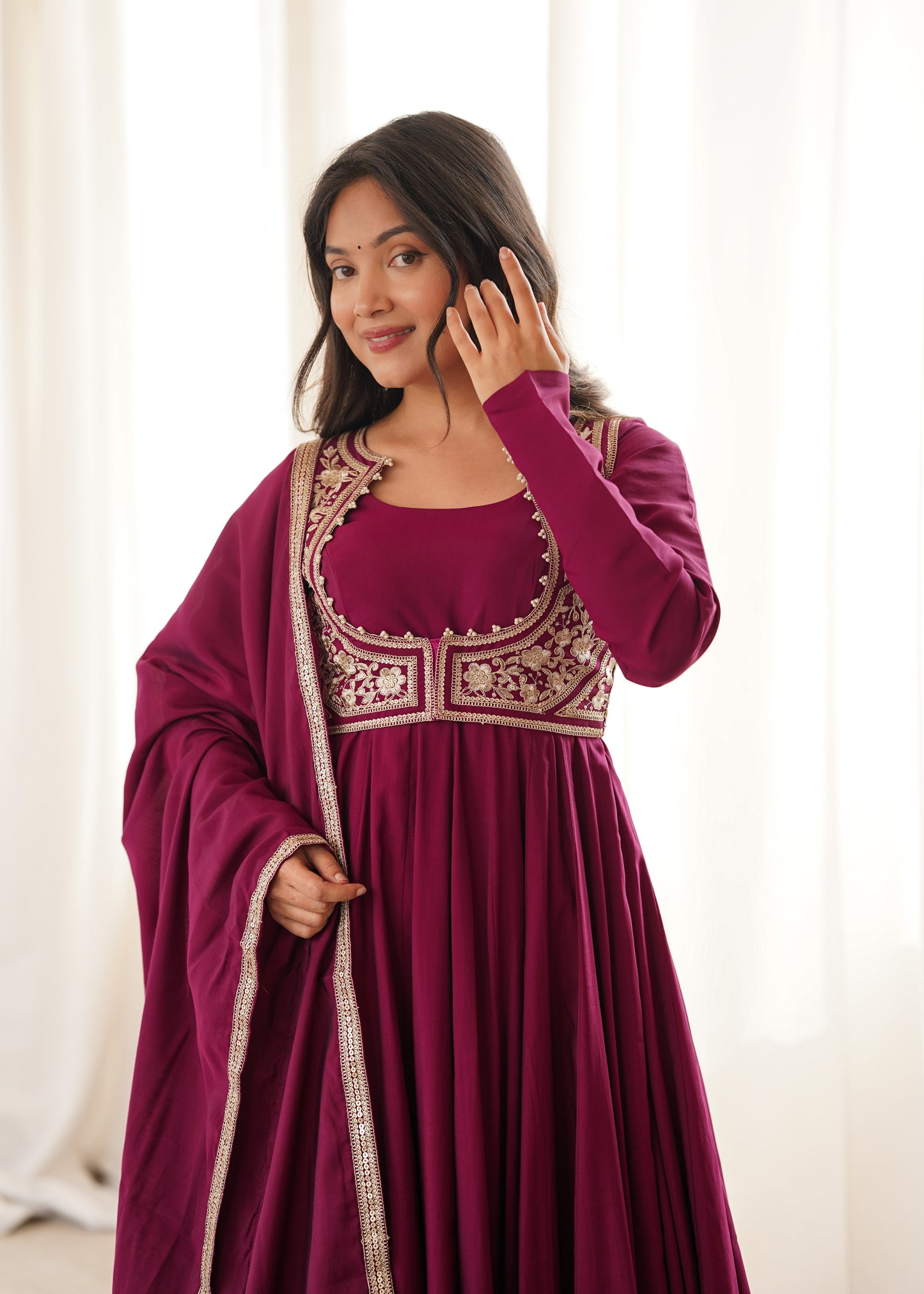 Royal Burgundy Roman Silk Chanderi Anarkali closeview For Women