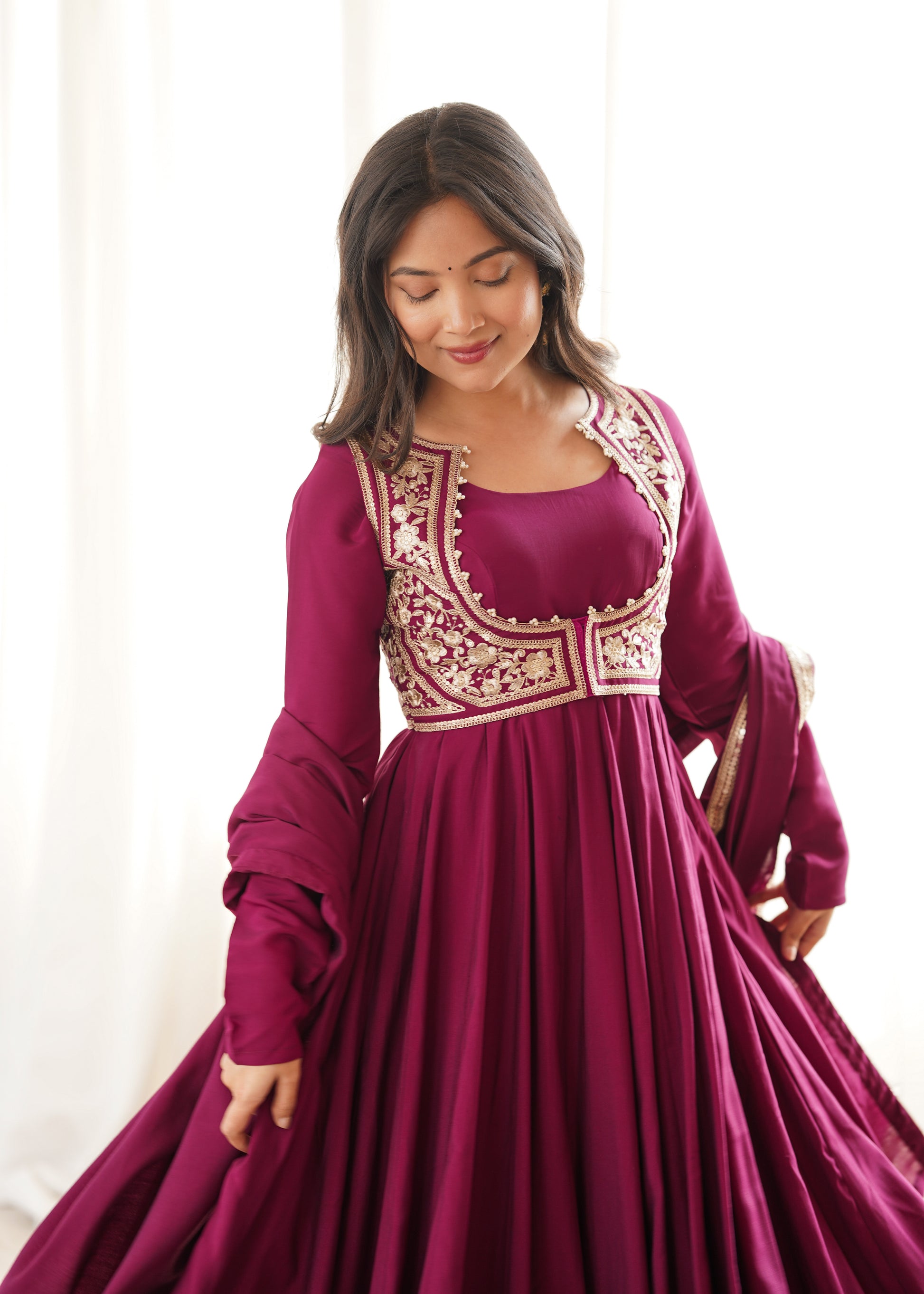 Royal Burgundy Roman Silk Chanderi Anarkali closezoom view For Women