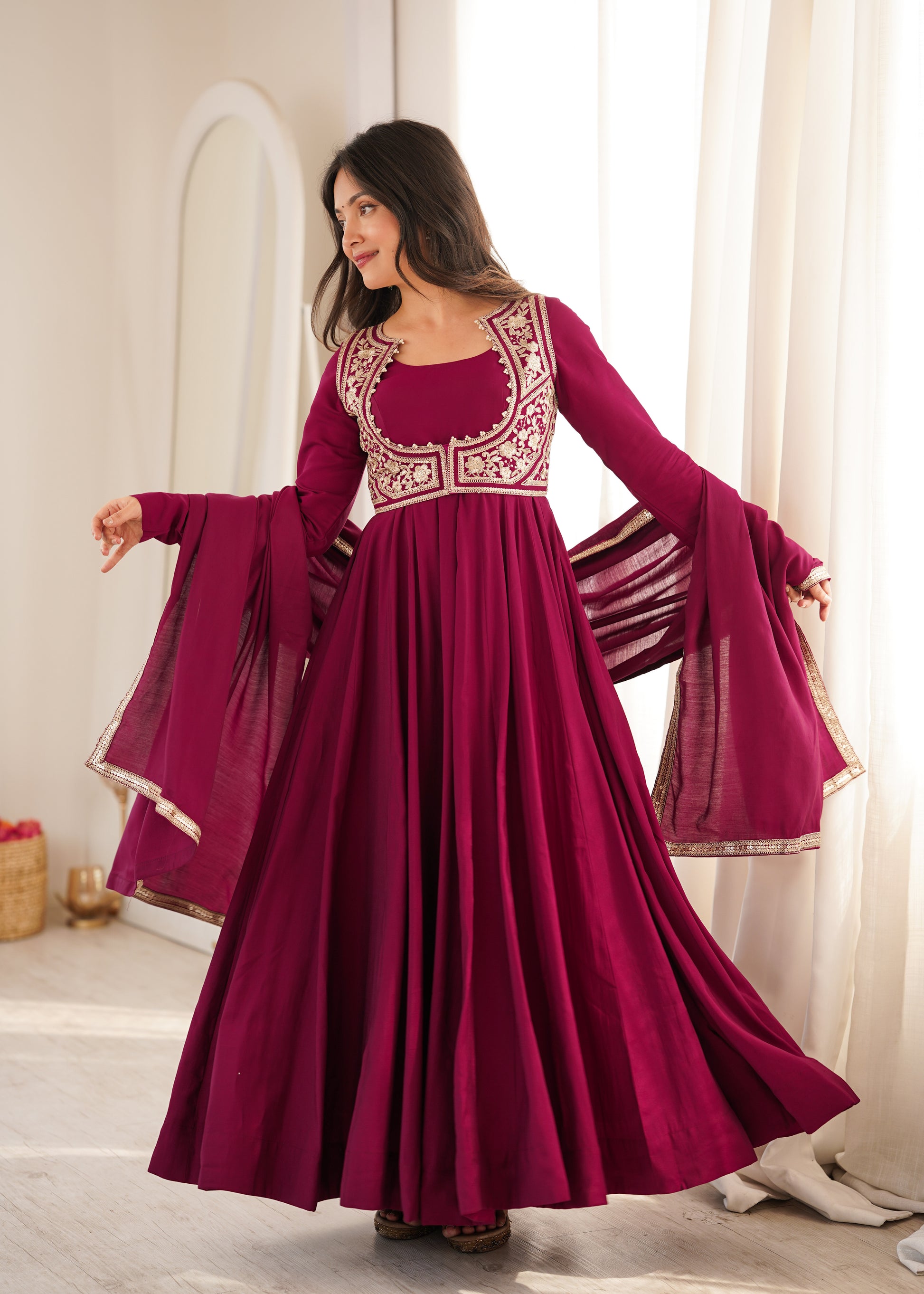 Royal Burgundy Roman Silk Chanderi Anarkali frontview For Women