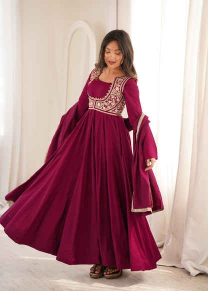 Royal Burgundy Roman Silk Chanderi Anarkali rightview For Women