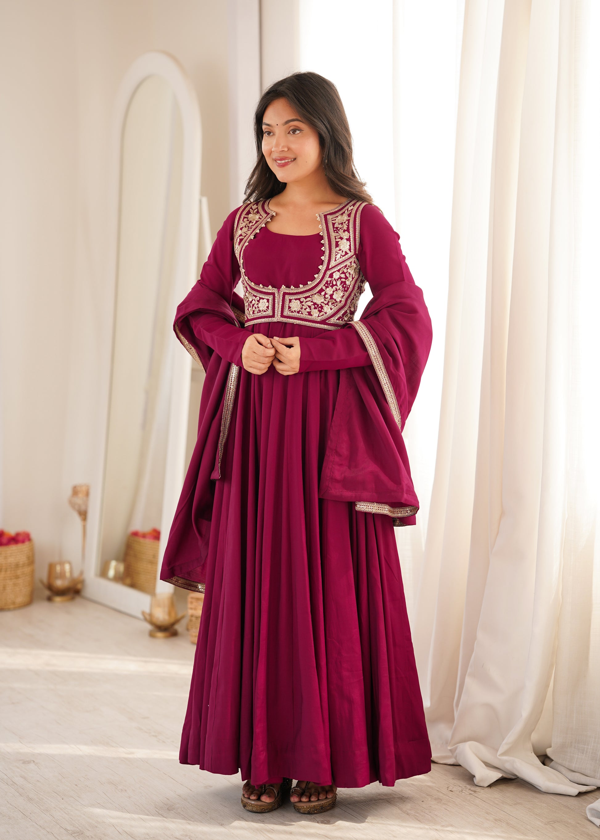 Royal Burgundy Roman Silk Chanderi Anarkali sideview For Women