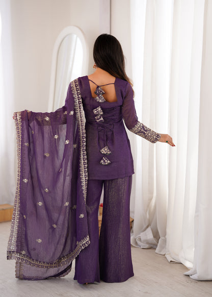 Royal Purple Cruchy Silk Suit backview For Women