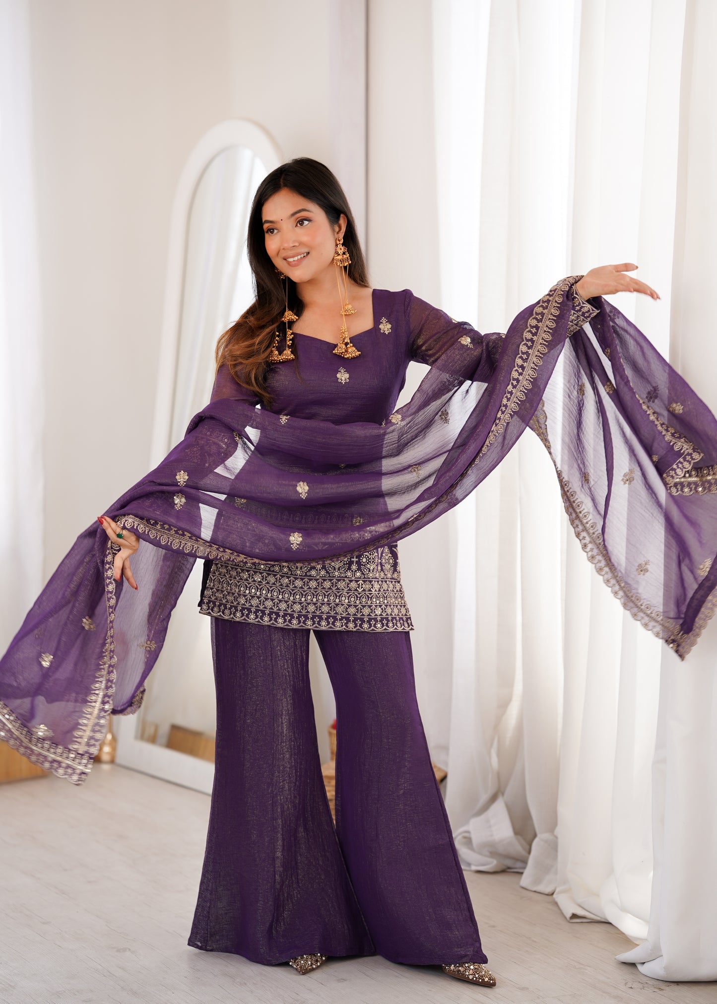 Royal Purple Cruchy Silk Suit frontview For Women
