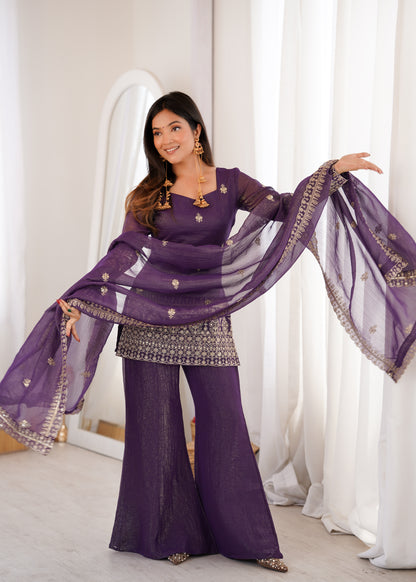 Royal Purple Cruchy Silk Suit frontview For Women